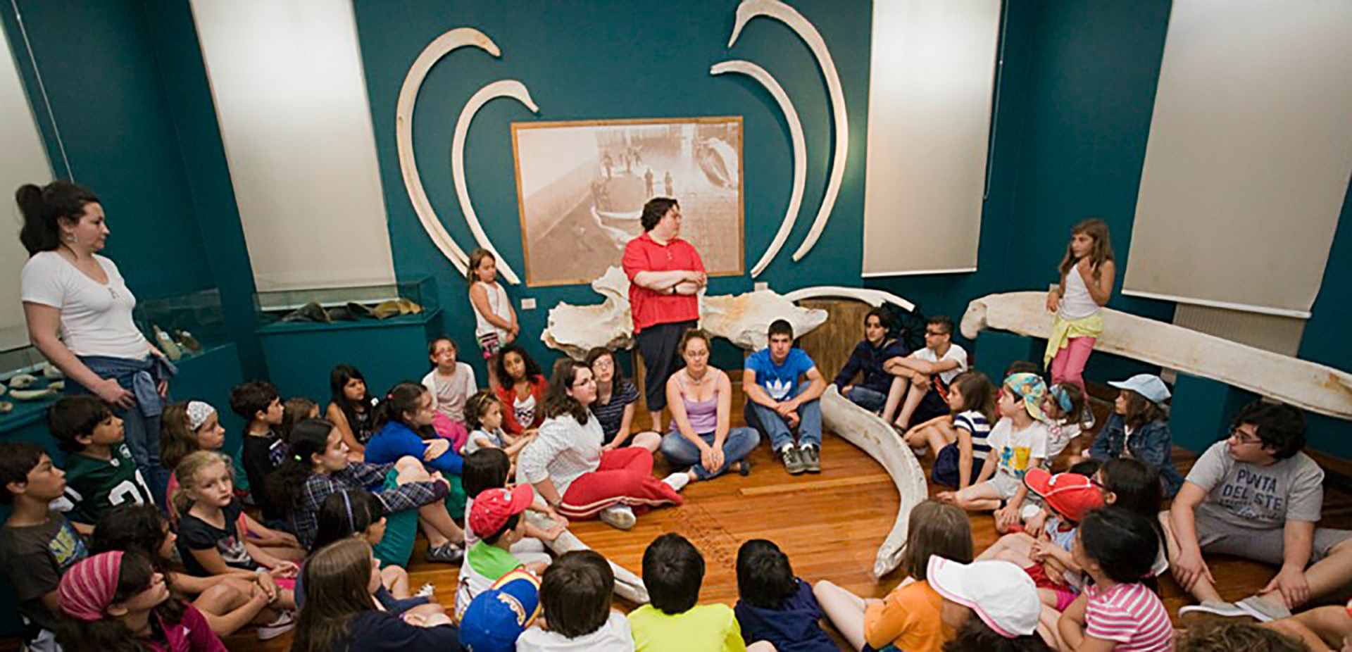 A imaxe amosa unha das salas do Museo provincial do Mar, presidad por ósos de balea sobre a parqde azul turquesa. Vemos a dúas traballadoras do museo de pé entre un numeroso grupo de nenos e nenas sentado no chan de madeira. Parece unha visita escolar de fin de curso