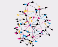 representación abstracta composta por liñas negras que conectan diversos puntos de cores (vermello, azul, amarelo e negro). Semella simbolizar redes ou conexións, posiblemente en referencia á idea de diálogo cultural e encontro entre diferentes culturas