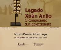 A imaxe é un cartel vertical para unha exposición titulada "Legado Xoán Anllo: O compromiso dun coleccionista". O cartel mostra unha fotografía escura dunha peza de artesanía de gran tamaño, que parece un colar ou un adorno ceremonial, colocado sobre unha base. A peza, de cor marrón e dourada, está feita con materiais naturais, posiblemente dentes ou cunchas, e ten forma de media lúa. No fondo, en tons suaves de sepia e amarelo, vese unha escena con siluetas de persoas e unha árbore. Na esquina inferior esquerda, un texto en pequeno indica que se trata de "Datorai de Papúa, Nova Guinea, Indonesia", mentres que na esquina inferior dereita hai outra referencia: "'O Ser do Meli', de Irene López de Castro". O título da exposición, "Legado Xoán Anllo", está escrito en letras grandes e de cor marrón, mentres que o subtítulo, "O compromiso dun coleccionista", está debaixo en letras máis pequenas. Na parte inferior do cartel, indícase o lugar e as datas da exposición: "Museo Provincial de Lugo" e "18 setembro ao 30 novembro • 2025". Ao pé da imaxe, aparecen os logos institucionais da Deputación de Lugo e da Rede Museística Provincial de Lugo.