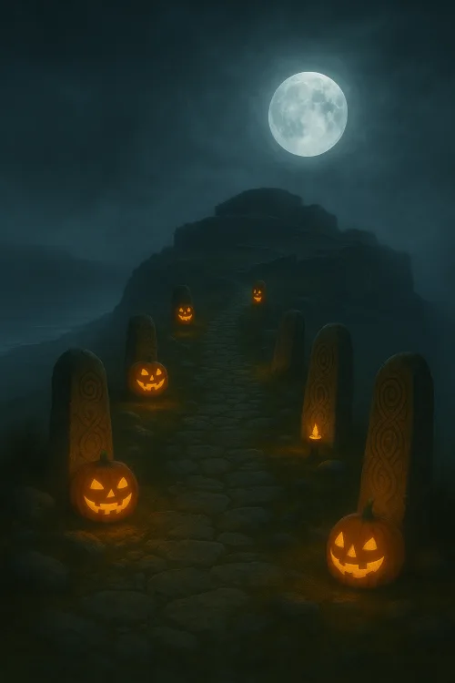 A escena amosa un antigo camiño de pedra celta que ascende por un acantilado cuberto de néboa, iluminado por cabazas talladas que proxectan unha luz cálida e misteriosa. Á beira do camiño ergúense pedras gravadas con espirais e símbolos celtas, que conducen ata un castro en ruínas baixo unha lúa chea brillante. O ambiente é máxico e melancólico, evocando as tradicións e a memoria ancestral do Samaín.