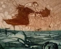 Un grabado a color que muestra a dos figuras grotescas, parecidas a demonios o vampiros, con grandes alas de murciélago, volando juntas por un cielo nublado de tonos marrones y rojizos. La figura delantera está señalando hacia adelante. Debajo de ellas, se extiende un vasto paisaje nocturno o crepuscular de tonos azul verdoso, con formaciones rocosas y un cuerpo de agua.