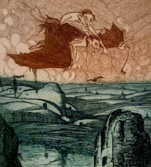 Un grabado a color que muestra a dos figuras grotescas, parecidas a demonios o vampiros, con grandes alas de murciélago, volando juntas por un cielo nublado de tonos marrones y rojizos. La figura delantera está señalando hacia adelante. Debajo de ellas, se extiende un vasto paisaje nocturno o crepuscular de tonos azul verdoso, con formaciones rocosas y un cuerpo de agua.