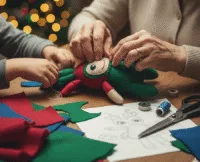 Primeiro plano dunha avoa (ou adulta) e un neno cosendo xuntos un boneco de feltro vermello e verde nunha mesa. Hai anacos de tecido, tesoiras e o debuxo orixinal do boneco. Ao fondo, hai luces de Nadal borrosas (bokeh), que suxiren un ambiente acolledor e festivo