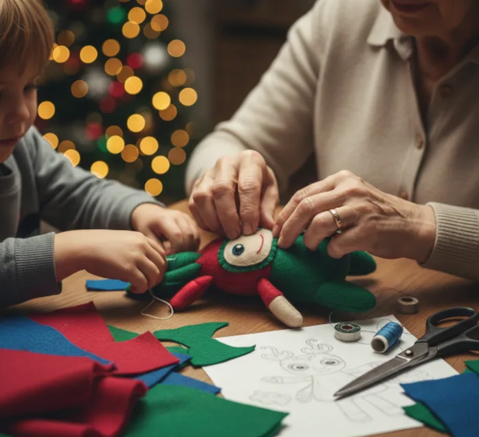 txt nadal obradoiros 2025 Primeiro plano dunha avoa (ou adulta) e un neno cosendo xuntos un boneco de feltro vermello e verde nunha mesa. Hai anacos de tecido, tesoiras e o debuxo orixinal do boneco. Ao fondo, hai luces de Nadal borrosas (bokeh), que suxiren un ambiente acolledor e festivo