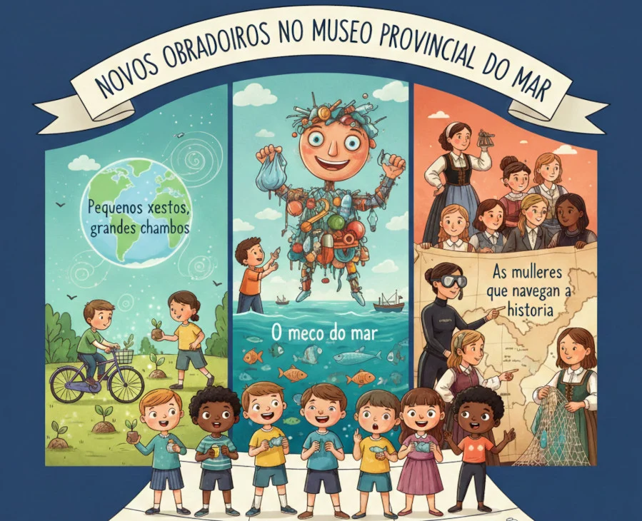 Cartel ilustrado do Museo Provincial do Mar que anuncia tres obradoiros infantís en paneis de cores: un sobre ecoloxía e o planeta (24 de xaneiro), outro sobre a contaminación mariña representado por un "meco" de refugallos (7 de febreiro), e un terceiro sobre a historia das mulleres no mar (7 de marzo). Na parte inferior, un grupo de nenas e nenos sinala as datas sobre un calendario.