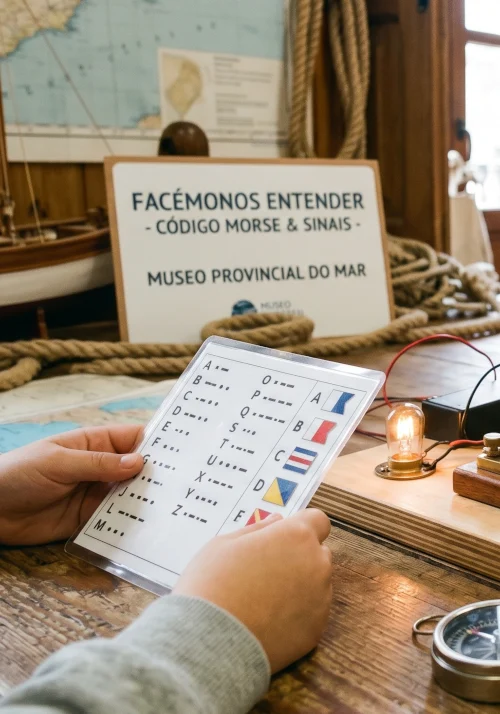 Un grupo de nenos participa nun obradoiro sobre código Morse e sinais marítimos nun entorno museístico.