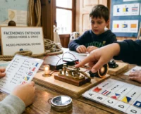 Un grupo de nenos participa nun obradoiro sobre código Morse e sinais marítimos nun entorno museístico.