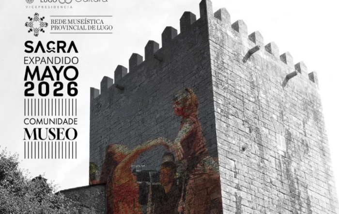 Cartel informativo do programa cultural Sacra Expandido 2026 na Rede Museística de Lugo. Inclúe datas e actividades: Danza en Lugo o 15 de maio, espectáculo multidisciplinar en San Paio de Narla o día 17, e presentación artística e xornadas de pensamento no Pazo de Tor os días 23 e 30 de maio. Organizado por Sacra Experience e a Vicepresidencia da Deputación de Lugo.