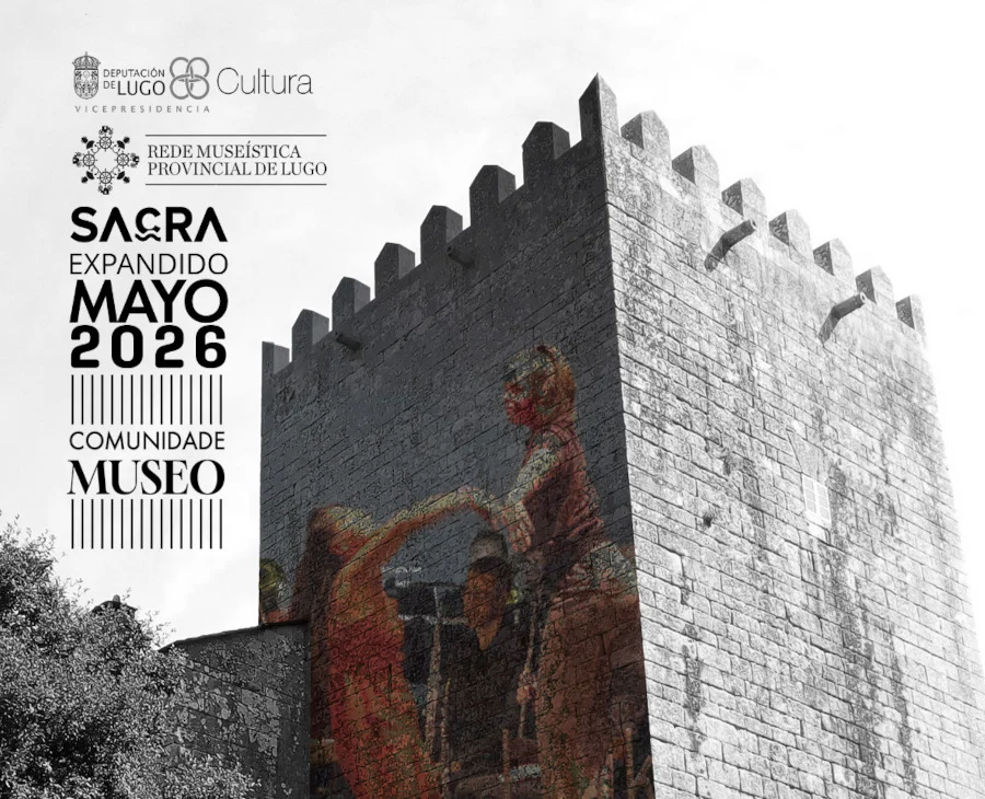 Cartel informativo do programa cultural Sacra Expandido 2026 na Rede Museística de Lugo. Inclúe datas e actividades: Danza en Lugo o 15 de maio, espectáculo multidisciplinar en San Paio de Narla o día 17, e presentación artística e xornadas de pensamento no Pazo de Tor os días 23 e 30 de maio. Organizado por Sacra Experience e a Vicepresidencia da Deputación de Lugo.