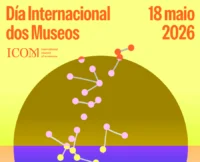 Cartaz do DIM 2026 co lema "Museos unindo un mundo dividido". A imaxe amosa un deseño gráfico de puntos conectados que serven de ponte sobre un círculo bicolor, representando a unión e o diálogo a través dos museos.