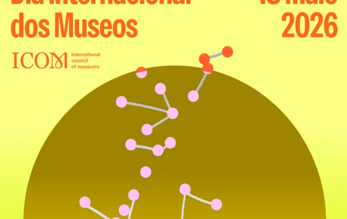 Cartaz do DIM 2026 co lema "Museos unindo un mundo dividido". A imaxe amosa un deseño gráfico de puntos conectados que serven de ponte sobre un círculo bicolor, representando a unión e o diálogo a través dos museos.