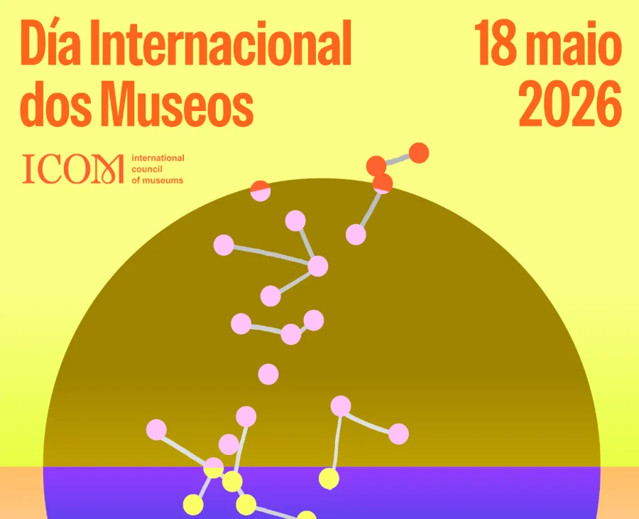 Cartaz do DIM 2026 co lema "Museos unindo un mundo dividido". A imaxe amosa un deseño gráfico de puntos conectados que serven de ponte sobre un círculo bicolor, representando a unión e o diálogo a través dos museos.